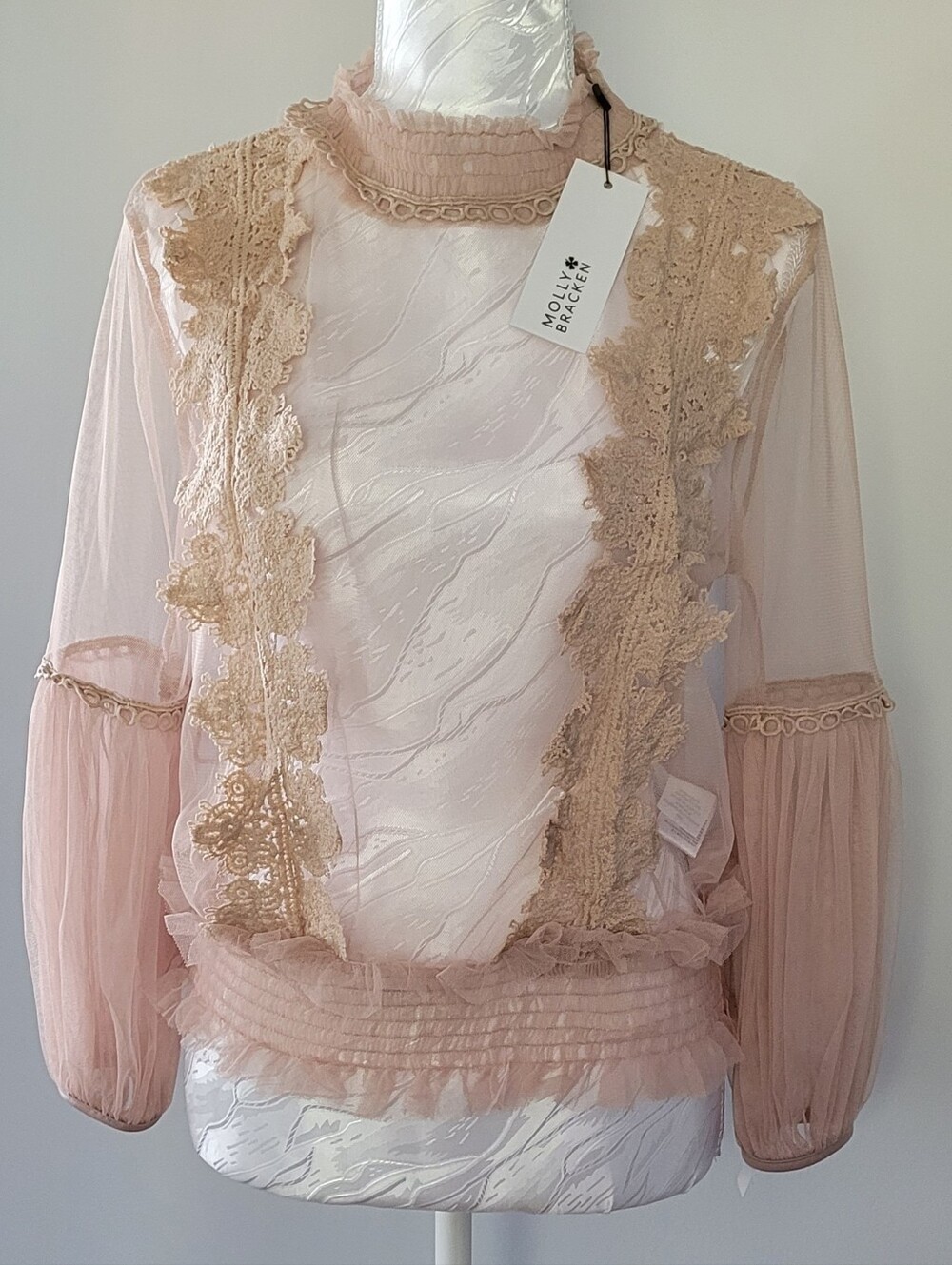 Molly Bracken Creamy Pink Lace-Trim Sheer Blouse
